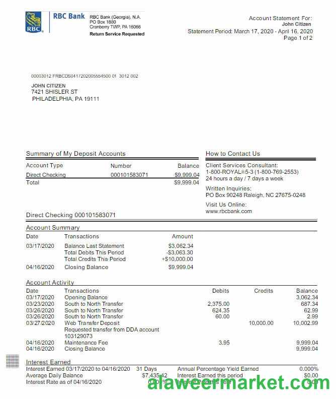 USA RBC bank statement Word and PDF template, version 2 scr